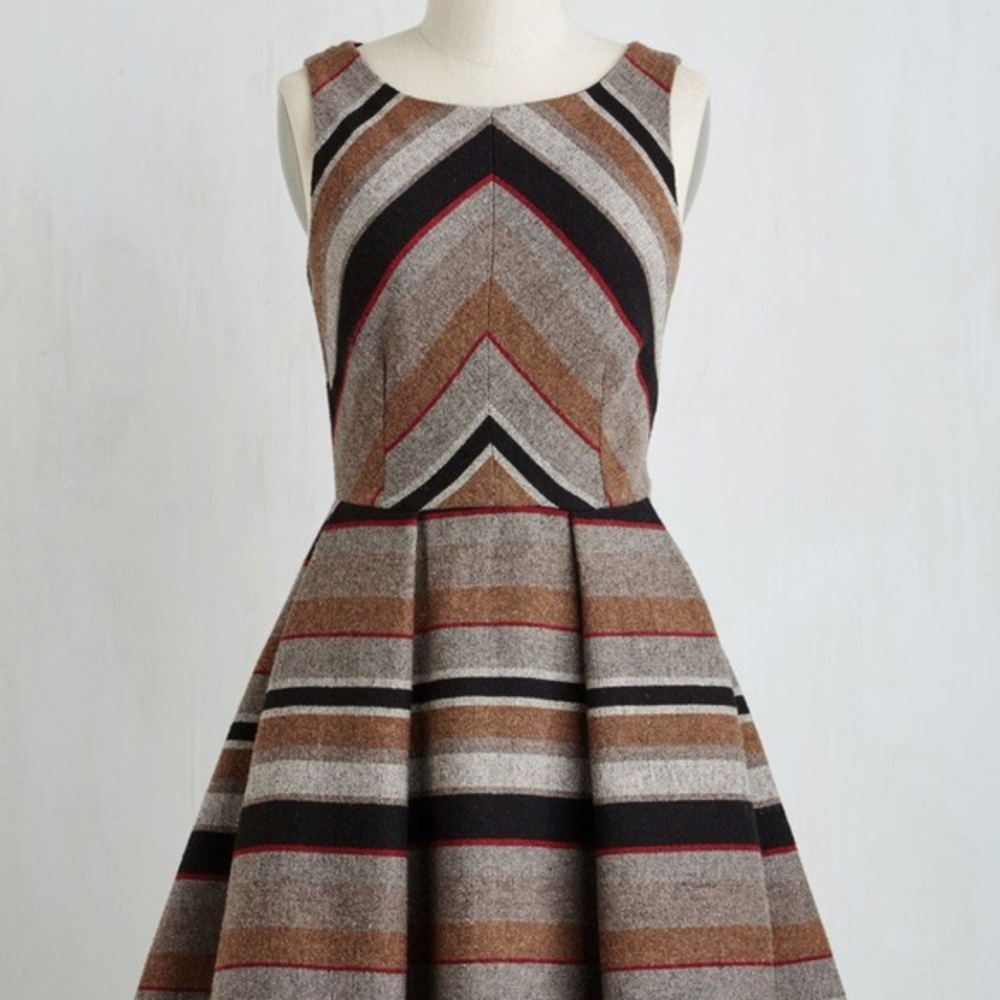 Brown/Red Striped Dress, Coconinno. Modcloth L